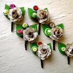 Six Green, Fuchsia And Book Page Rose Paper Flower..