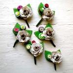 Six Green, Fuchsia And Book Page Rose Paper Flower..