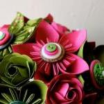 Paper Flower Wedding Bouquet, Green, Pink,..