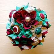Paper Flower Bouquet, Wedding, Green, Fuchsia, White, Kusudama, Rose