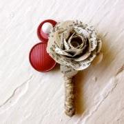 Paper Flower Boutonniere, Wedding, Book Page, Buttons, Rose
