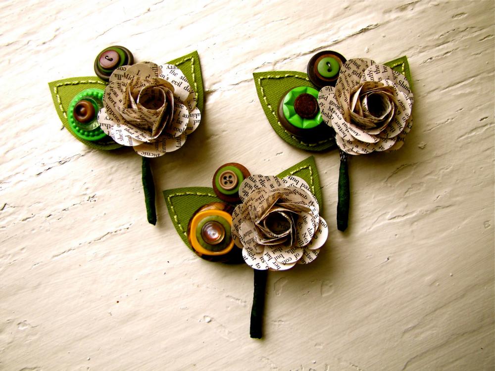 Three Boutonnieres Book Page Rose Paper Flower And Button Boutonniere For Wedding Or Event