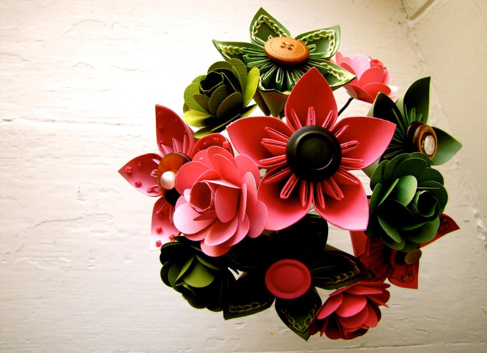 Pink And Green Kusudama And Rose Folded Paper Flower Bouquet For Wedding Or Events