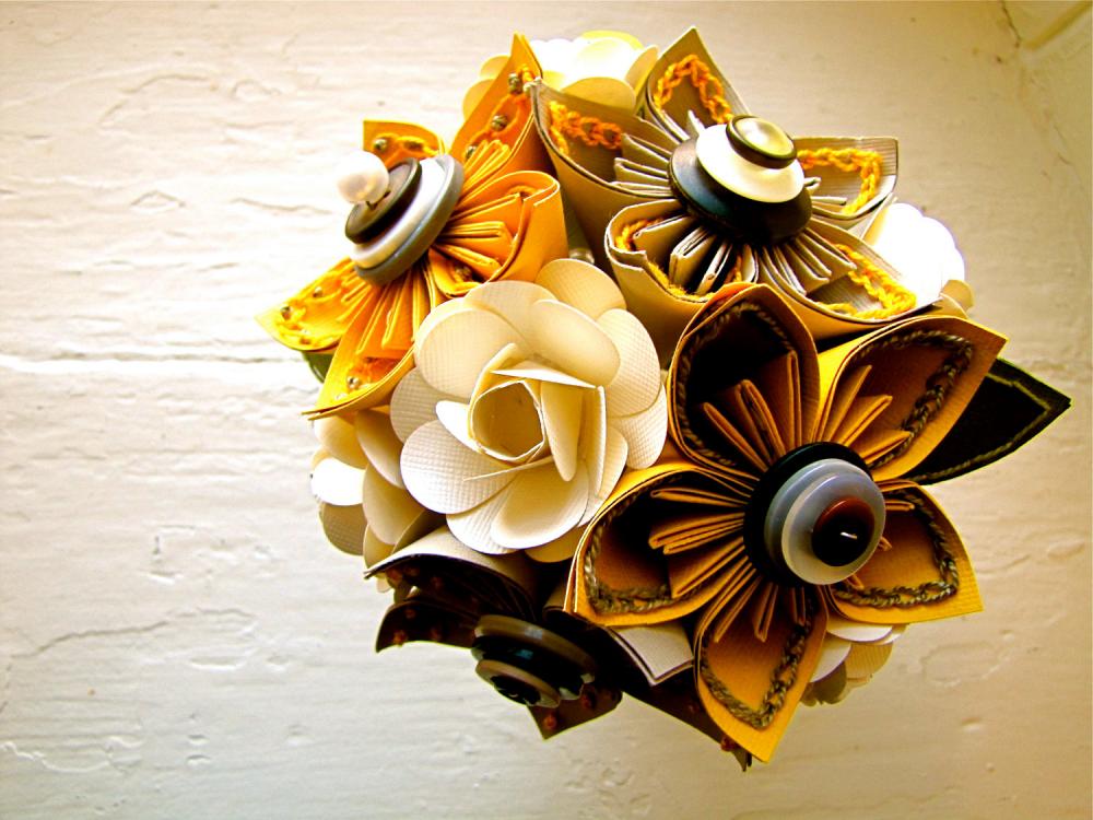 Yellow, Grey And White Kusudama And Rose Folded Paper Flower Bouquet For Wedding Or Events