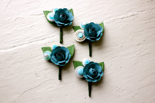 Paper Rose Boutonniere, Grooms Boutonniere, Teal And White