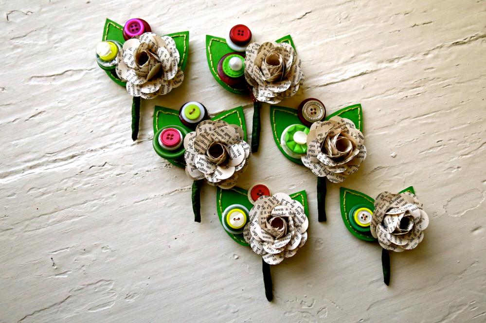 Six Green, Fuchsia And Book Page Rose Paper Flower And Button Boutonniere For Wedding Or Event