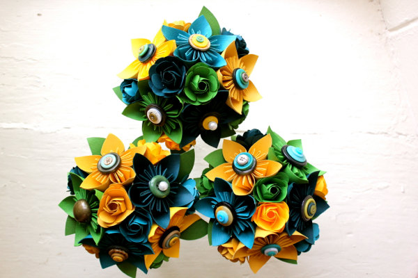 Paper Flower Bouquet, 3 Bridesmaid Bouquets, Wedding, Blue, Green, Yellow, Kusudama, Rose