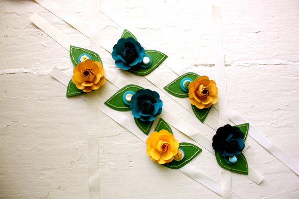 Paper Flower Corsage, Wrist Corsage, Wedding, Blue, Green, Yellow, Rose