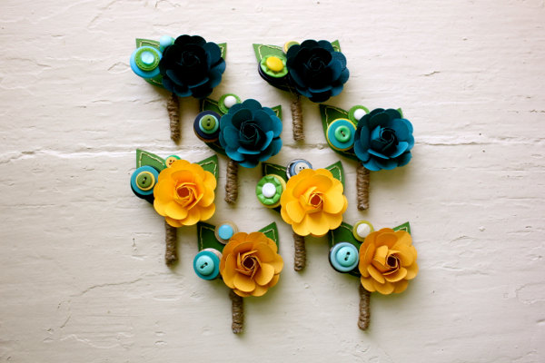 Paper Flower Boutonniere, Wedding, Blue, Green, Yellow, Rose