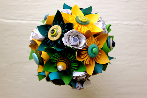 Paper Flower Bouquet, Wedding, Blue, Green, Yellow, Kusudama, Rose
