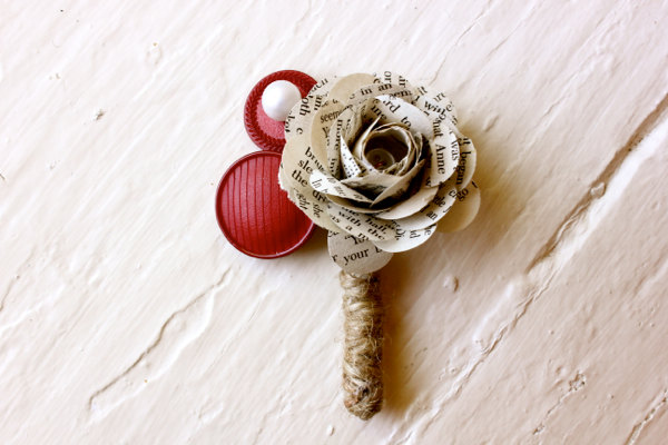 Paper Flower Boutonniere, Wedding, Book Page, Buttons, Rose