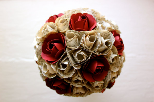 Paper Flower Bouquet, Wedding, Book Page Paper, Red, Paper Rose